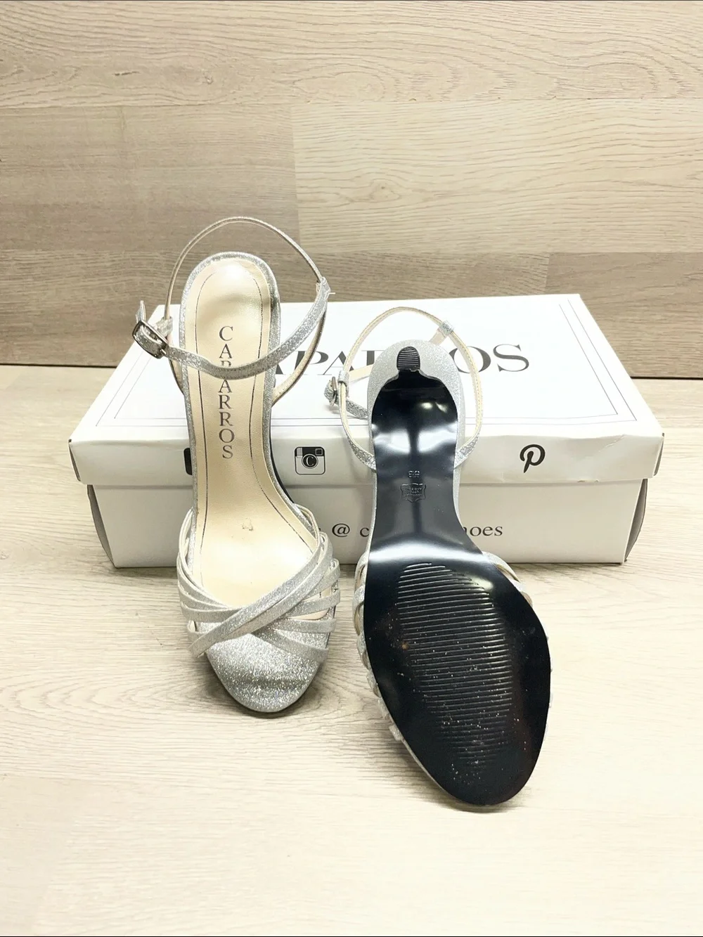 Caparros Silver Glitter Strappy Ankle-Heel Sandals #507